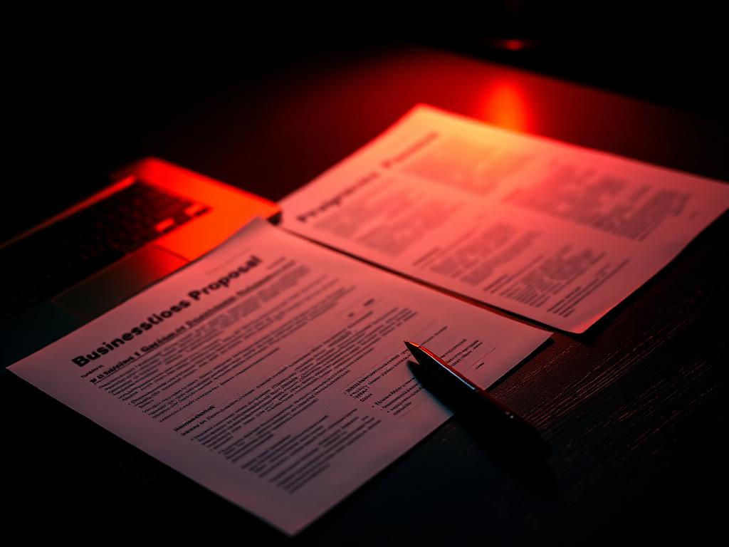 Proposta comercial impressa sobre mesa com iluminação laranja